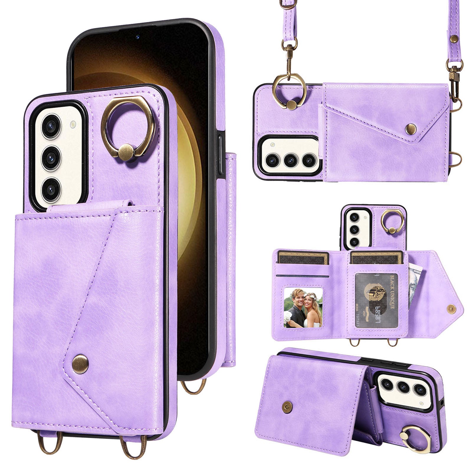 002 For Samsung Galaxy S23 Card Bag Design Ring Kickstand Cellphone Cover Litchi Texture Leather TPU Phone Case with Shoulder Strap 002 For Samsung Galaxy S23 Card Bag Design Ring Kickstand Cellphone Cover Litchi Texture Leather TPU Phone Case with Shoulder Strap